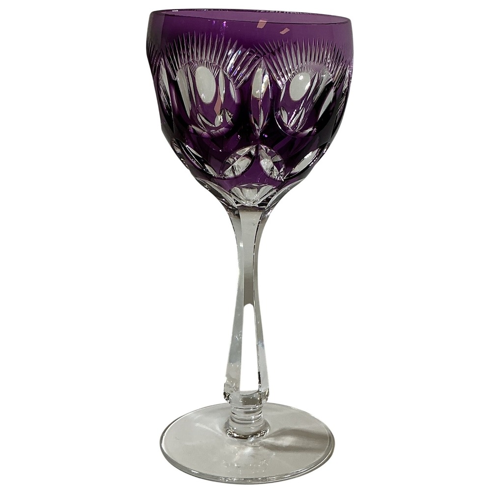 Vintage BOHO Amethyst Purple Cut to Clear Crystal Wine Goblet Faceted Stem 8.25" - Picture 4 of 11